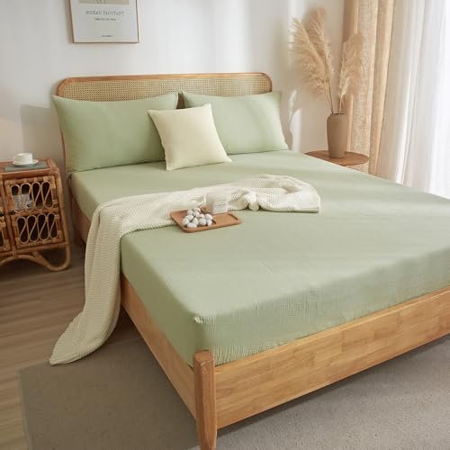 DXHOME Muslin Bettlaken 140x200 Baumwolle Grün Hellgrün Weich Spannbetttücher Baumwolle Muslin Spannbetttuch 140 x 200 Boxspringbett Bettlakenfür Hohe Matratze bis 25-30 cm von DXHOME