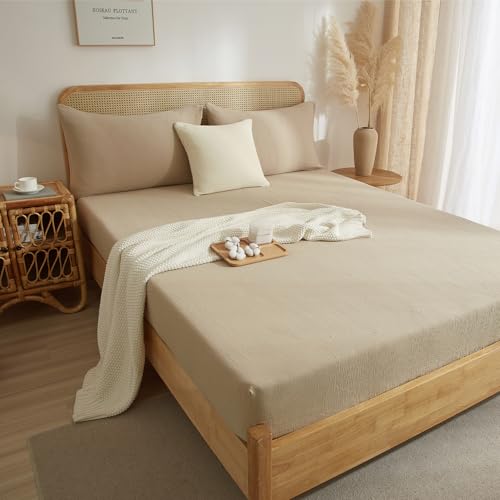 DXHOME Muslin Bettlaken 140x200 cm Braun Weich Spannbetttücher Baumwolle Muslin Weich Atmungsaktiv Spannbetttuch 140 x 200 Boxspringbett Bettlakenfür Hohe Matratze bis 25-30 cm von DXHOME