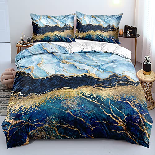 DXHOME Muster Bettwäsche 135x200 Gold Marmor Blau Dunkelblau Weiß Microfaser 4 Teilig Wendebettwäsche Einzelbett Bettbezüge mit Reißverschluss und 2 Kissenbezüge 80 × 80 cm von DXHOME