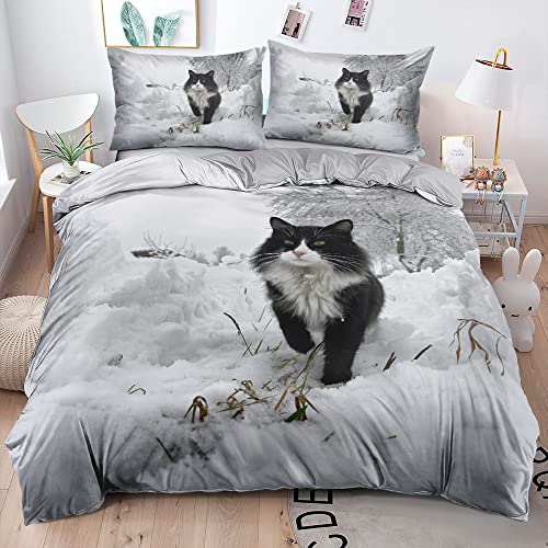 DXHOME Norwegische Waldkatze Bettwäsche 135x200 4teilig Katzenmotiv 3D Bettwäsche Schwarz Weiß Flauschige Mikrofaser Wendebettwäsche für Kinder Jungen mit Reißverschluss und 2 Kissenbezüge 80x80 cm von DXHOME