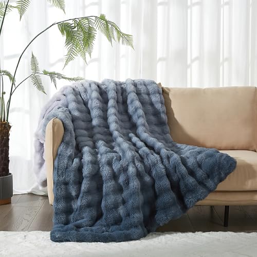 DXHOME Plüsch Kuscheldecke Flauschig Decke Flanell Decke Couchdecke Super Weiche Kuschelige Fuzzy Bettdecken Kaninchen Warme Überwurfdecke Sofadecke (Farbverlauf Blau Grau,220x240cm) von DXHOME