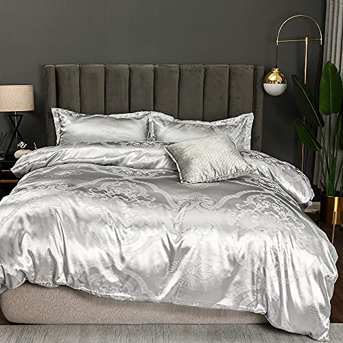 DXHOME Satin 220x240 Seiden Bettbezug Set Grau Barock Muster Glanzsatin Blumen Teppdeckenbezug Seiden Kühlende Wendebettwäsche Set mit Reißverschluss und 2 Kissenbezügen 80×80 cm von DXHOME