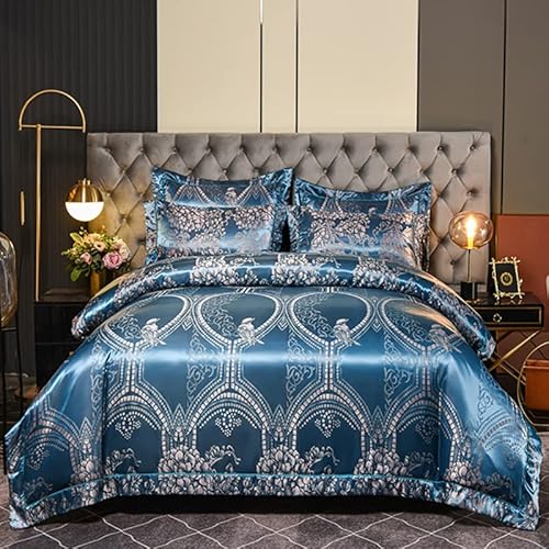 DXHOME Glanz Satin Bettwäsche 135x200 Blau Dunkelblau Glanzsatin Seide Kühlende Wendebettwäsche Microfaser Barock Muste Bettbezug mit Reißverschluss + 1 Kissenbezug 80x80 cm von DXHOME