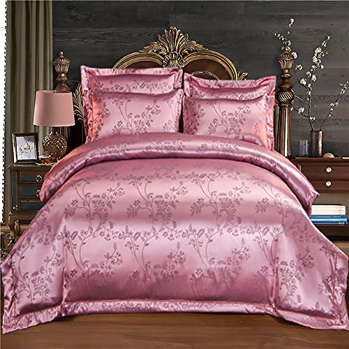 DXHOME Satin Bettwäsche 155x220cm Rosa Pink Anthrazit Barock Muster Jacquard Mikrofaser 3teilig Set Tagesdecke Mädchen Teenager Bettbezug Set mit Reißverschluss und 2 Kissenbezügen 80×80 cm von DXHOME