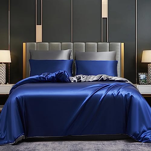 DXHOME Satin Bettwäsche 200x200cm Seide Blau Dunkelblau Grau Anthrazit Uni Einfarbig Glatt Glänzend Luxus Glanzsatin Wendebettwäsche Set Bettbezug Sets mit Reißverschluss und 2 Kissenbezüge 80 x 80cm von DXHOME