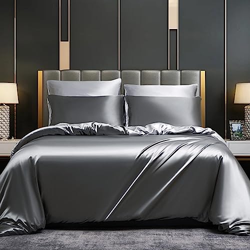 DXHOME Satin Bettwäsche Set 135x200cm 4teilig Grau Einfarbig Unifarben Anthrazit Wendebettwäsche Glatt Bettbezüge mit Reißverschluss und 2 Kissenbezügen 80×80 cm von DXHOME