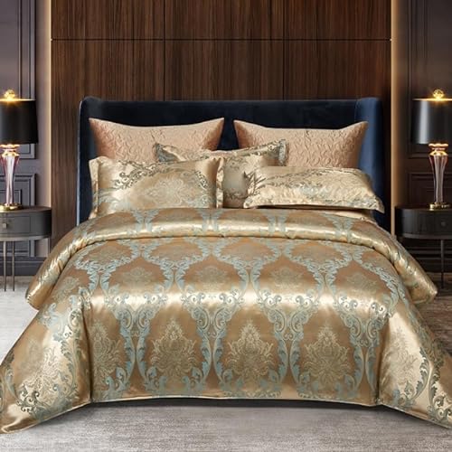 DXHOME Satin Bettwäsche 200 x 220 Gold Glatt Glänzend Bettwäsche Luxuriös Wendebettwäsche Set 3teilig Jacquard Blumenmuster Bettbezug Sets mit Reißverschluss und 2 Kissenbezüge 80 x 80cm von DXHOME