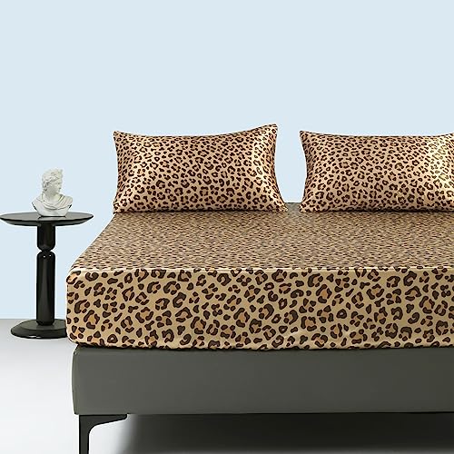 DXHOME Satin Spannbettlaken 200x200cm Gold Uni Leopardenmuster Glänzend Seide Spannbetttuch Microfaser Bettlaken für bis 30cm Matraze von DXHOME