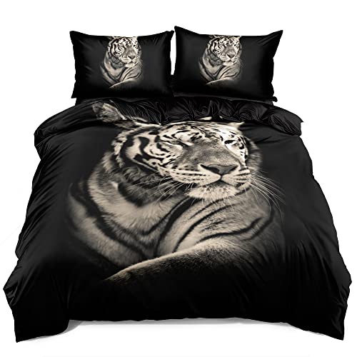 DXHOME Schwarz 155x220 Bettwäsche Tier 3D Tiger Weich Mikrofaser Deckenbezug Jugendliche Teenager Jungen Mädchen Modern Bettbezug Sets mit Reißverschluss und 2 Kissenbezüge 80 x 80cm von DXHOME