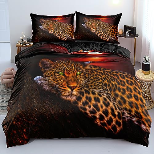 DXHOME Schwarz 3D 155x220 Bettwäsche Leopard Weich Mikrofaser Deckenbezug Jugendliche Teenager Jungen Mädchen Modern Bettdeckenbezug Bettbezug Sets mit Reißverschluss und 2 Kissenbezüge 80 x 80cm von DXHOME