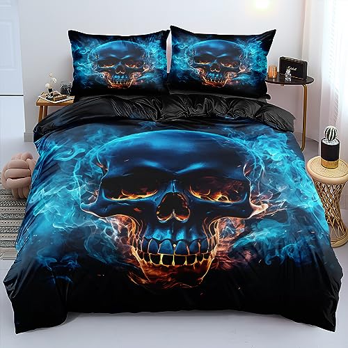 DXHOME Skull Bettwäsche 200x200cm Gothic Schwarz Blaue Flamme Druck Bettwäsche Halloween Weiche Mikrofaser Wendebettwäsche Für Teenager Bettbezug mit Reißverschluss und 2 Kissenbezüge 80 x 80cm von DXHOME