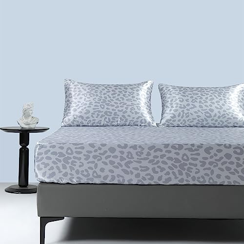 DXHOME Spannbettlaken 140x200cm Satin Blau Hellblau Leopardenmuster Satin Seide Glänzend Bettlaken Modern Satin Spannbetttuch, geeignet für Matratzen bis 30cm von DXHOME