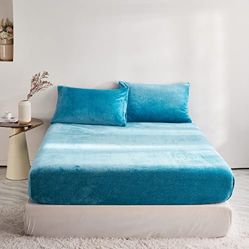 DXHOME Spannbettlaken 90x200cm Winter Teddy Plüsch Flauschige Warme Bettlaken Boxspringbett Türkis Blau Cashmere Touch Milchfleece Spannbetttuch Kinder Einzelbett Spannbettlaken für Topper bis 25-30cm von DXHOME