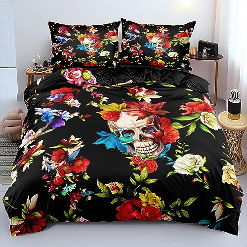 DXHOME Totenkopf Bettwäsche 135x200 3D Schwarz Skull Gothic Style Bettwäsche Set mit Blumen Muster Weiche Microfaser Mädchen Teenager Bettbezug mit Reißverschluss und 2 Kissenbezüge 80 x 80cm von DXHOME