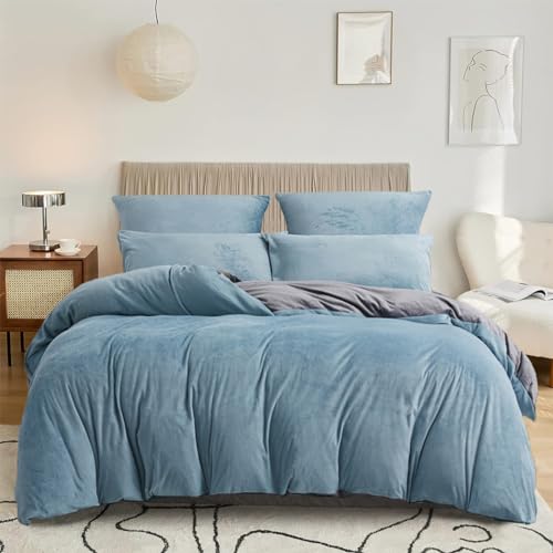 DXHOME Warme Bettwäsche 135x200cm Blau Hellblau Grau Winter Plüsch Kuschelig Flauschig Weiche Kuschelige Kuschelbettwäsche Cashmere Touch Bettbezug mit Reißverschluss + 1 Kissenbezug 80x80cm von DXHOME