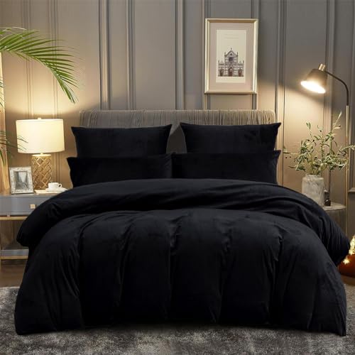 DXHOME Warme Plüsch Bettwäsche 135 x 200 4teilig Schwarz Kuschelig Flanell Fleece Deckenbezug Weiche Mikrofaser Bettbezüge mit Reißverschluss und 2 Kissenbezügen 80×80 cm von DXHOME