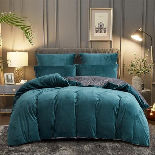 DXHOME Winter Plüsch Bettwäsche Set 135x200 4teilig Blau Hellblau Grau Warme Coral Fleece Uni Deckenbezug Bettbezüge mit Reißverschluss und 2 Kissenbezügen 80×80 cm von DXHOME