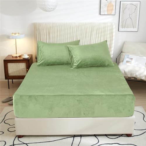 Fleece Spannbettlaken 200x200 Grün Hellgrün Plüsch Warm Winter Bettlaken Leintuch Boxspringbett Frottee Kuschelige Uni Bettspanntuch für 200 x 200 Hohe Matratze Hoher Steg bis 25-30 cm von DXHOME