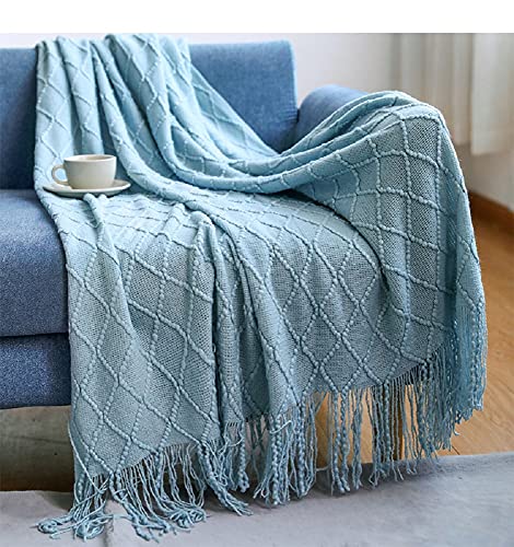 Kuscheldecke Flauschig Blau Hellblau Gestrickt Tagesdecke Grob Wohndecke Wendedecke Kuscheldeck Sofadecke Couchdecke Strickdecke Sofa Bett Überwurf 130 x 180 cm Sofaüberwurf mit Fransen Bedspread von DXHOME