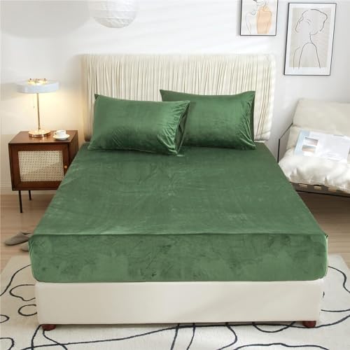 Plüsch Spannbetttuch 160x200 Winter Warm Boxspringbett Frottee Grün Olivgrüne Fleece Microfaser Spannbettlaken Doppelbett Uni Bettspanntuch für 160 x 200 Hohe Matratze Hoher Steg bis 25-30 cm von DXHOME