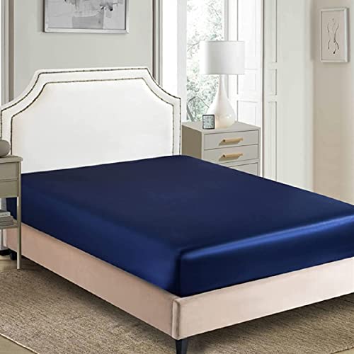 Spannbettlaken 100x200cm Boxspringbett Satin Blau Dunkelblau Muster Bettlaken Glanz-Satin Leintuch Seide Shining Spannbetttuch Uni Spannleintuch für Hohe Matratze bis 25-30 cm von DXHOME