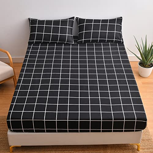 Spannbettlaken 140x200 Schwarz Weiß Karo Muster Bettlaken Jersey Microfaser Karierte Spannbetttuch für Boxspringbett 140x200cm Hochwertiges Spannbetttücher für Hohe Matratze bis 25-30 cm von DXHOME