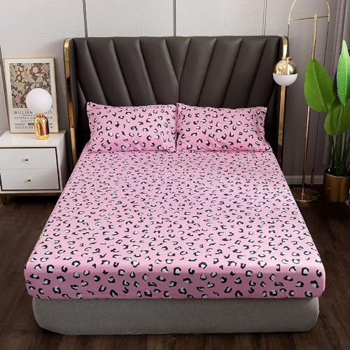 Spannbettlaken 140x200cm Rosa Schwarz Weiß Bettlaken Leoparden Muster Spannbetttuch Boxspringbett 140 x 200 Spannbetttücher Microfaser Jersey Leopard Leo Leintuch für Hohe Matratze bis 25-30 cm von DXHOME