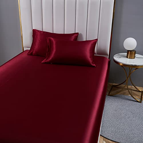 Spannbettlaken 90x200cm Rot Weinrot Set Satin Bettlaken Glänzend Seide Spannbetttuch Leintuch 90 x 200 Uni Muster Boxspringbett Topper Spannleintuch für Hohe Matratze bis 25-30 cm von DXHOME
