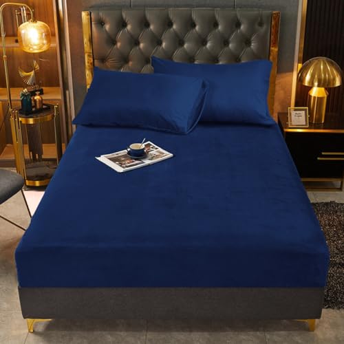 Spannbettlaken 90x200cm Warm Blau Marineblau Winter Samt Warm Kuschel Boxspringbett Frottee Bettlaken Spannbetttuch Uni Spannbetttücher für 90 x 200 Hohe Matratze bis 25-30 cm von DXHOME