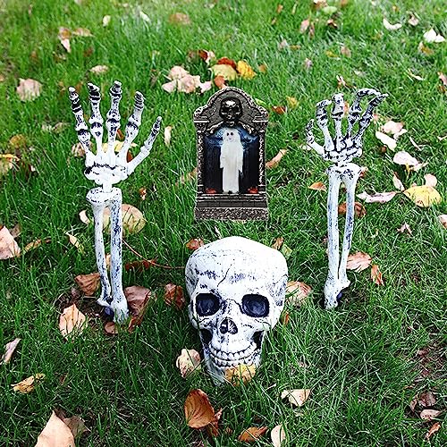 DXIA 4 Pcs Halloween Skelett Dekorationen, Totenschädel & Skeletthände, Halloween Skelett Hand Schädel, Halloween Horror Dekorationen, Halloween Grabstein, Outdoor Indoor Halloween Dekoration, Garten von DXIA