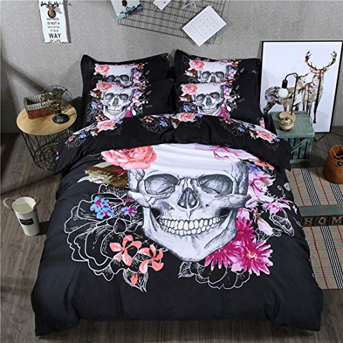 Bettwäsche Set 3D Print Floral Skull Bettwäsche-Sets Skull Bettbezug mit Kissenbezug oder Bettwäsche Blatt mit Reißverschluss Schließung Ganzjahres Bettwäsche-Set (Stil 2 #, Einzelbett Size 135x200cm) von DXSX