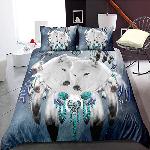 DXSX 2 Teilig Bettwäsche-Set Dreamcatcher Wolf-Patterned Theme Bettbezug 135 x 200 cm + 1 Kissenbezug 50 x 75 cm,Hypoallergen Mikrofaser Super Weiche Atmungsaktive (Stil 03, 135 x 200 cm) von DXSX