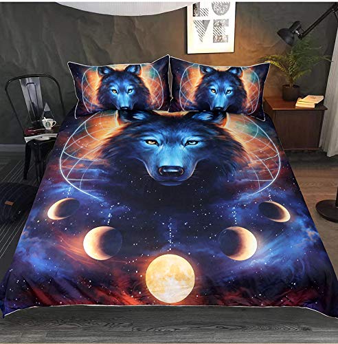 DXSX Bettwäsche Bettbezug 3D Wolf Theme Muster Bettbezug und Kissenbezug Easy Care Kinder Jungen Teenager Männer Bettwäsche (Kosmische Milchstraße Wolf, 220x240cm) von DXSX