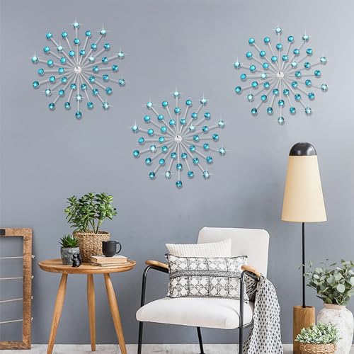 DXYAKY 3er Set Moderne Starburst Wanddeko Metall Wandskulptur mit Kristallakzenten Blau 3D Wandkunst für Wohnzimmer Schlafzimmer & Zuhause Elegante Hängende Wanddekoration von DXYAKY