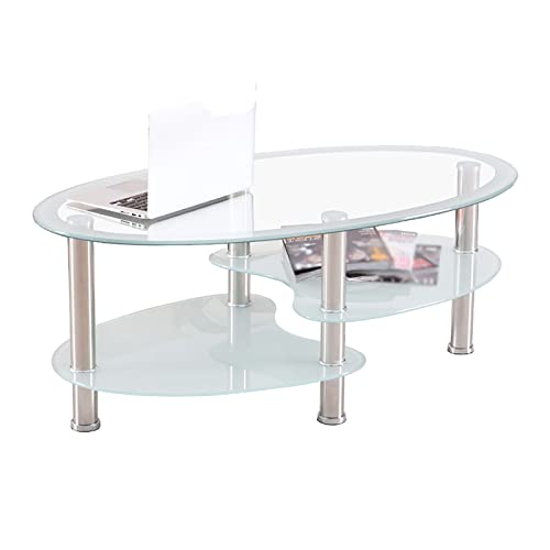 DXYDZSWD Oval Sofa Side Table, Tempered Glass Double-Layer Coffee Desk, Stainless Steel Legs,Storage Shelf for Small Apartment Living Room(A,98cm) von DXYDZSWD