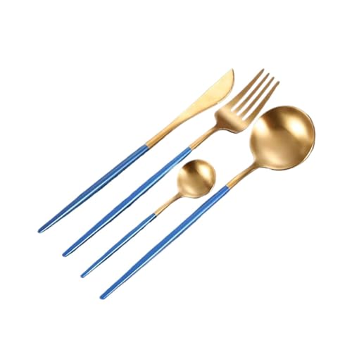 DXZXDJIU 4-teiliges portugiesisches Besteckset aus Edelstahl – Messer, Gabeln und Löffel in Mattschwarz und Gold for Elegantes Essen(Blue Gold.) von DXZXDJIU