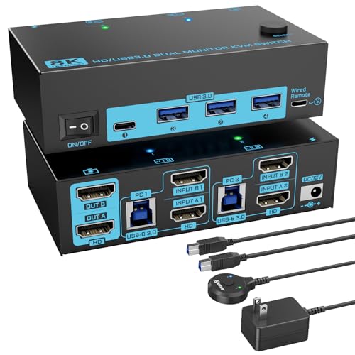 8K HDMI 2.1 Dual-Monitor KVM-Switch 2 Monitore 2 Computer 2 IN 2 OUT KVM Switches Maximale Unterstützung 8K@60Hz/4K@144Hz, mit 4 USB 3.0-Anschlüssen kabelgebundener & Fernbedienung & 2 USB 3.0-Kabeln 8K HDMI 2.1 Dual-Monitor KVM-Switch 2 Monitore 2 Computer 2 IN 2 OUT KVM Switches Maximale Unterstützung 8K@60Hz/4K@144Hz, mit 4 USB 3.0-Anschlüssen kabelgebundener & Fernbedienung & 2 USB 3.0-Kabeln von DXchip