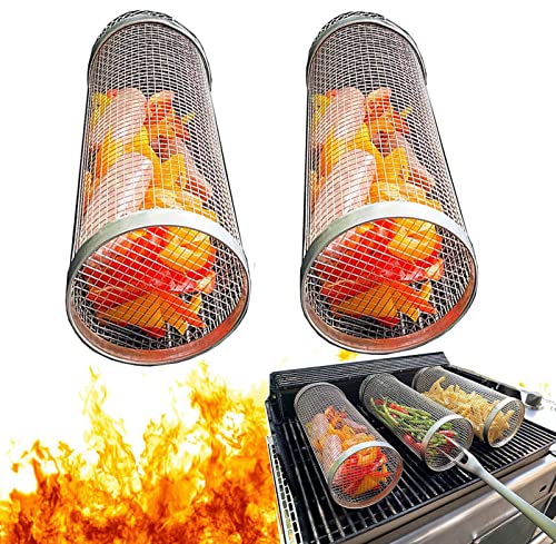 Rolling Grillkorb, BBQ Grillkorb Edelstahl, Edelstahl Grillkorb Ofen, Rotisserie Grill Für Außengrill Gemüse - Gemüse, Fisch, Fleisch, Grillen, Französisch Pommes, Grillkochzubehör Camping-Essentials von DYBOHF