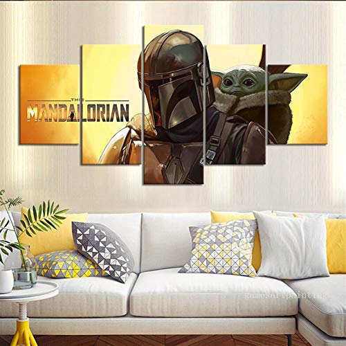 Leinwand-Wandkunstdruck, ungerahmt, 5-teiliges Star Wars The Mandalorian Baby Yoda Wandbild für Zuhause und Wohnzimmerdekoration, Filmposter, Kunstwerk (Größe (Zoll): ungerahmt, Größe 2) von DYCUN