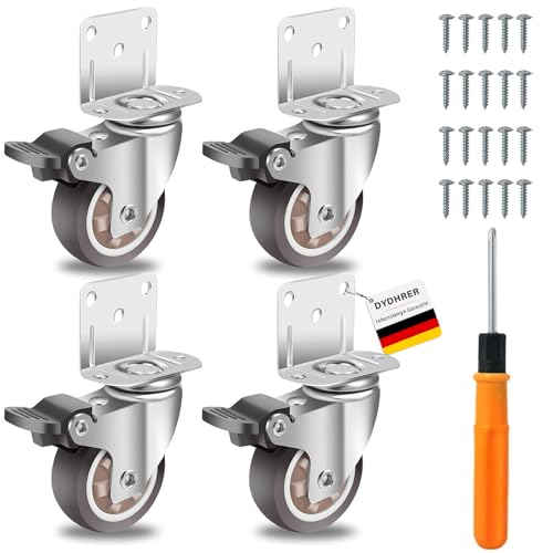 4er Set Möbelrollen,L-shaped Möbelrollen mit Bremse,Lenkrollen 50mm bis 67.5 kg pro Lenkrolle,360-Grad Schwerlastrollen mit 20 Schrauben,1 Schraubenzieher,Rollen Schwerlast für Möbel,Schrank,Krippen von DYDHRER