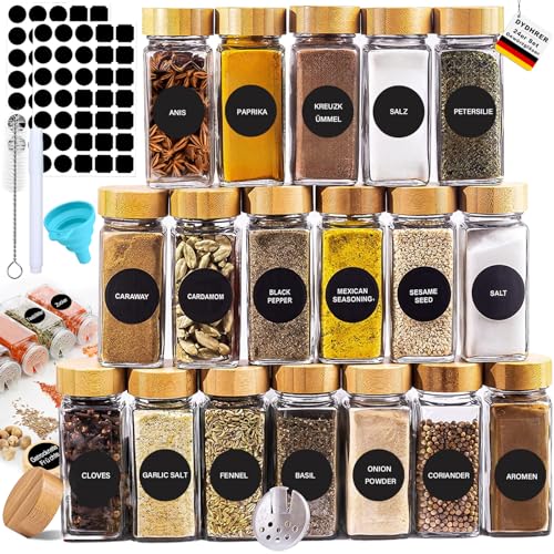 DYDHRER 24er Set Gewürzgläser Eckig,120ml Gewürzdosen,Spice Jars mit Bambus Deckel,Gewürzgläser mit Streueinsatz,Aufkleber,Trichter,Pinsel,Marker,Gewürzbehälter für Gewürzregal,Schrank,Schublade von DYDHRER