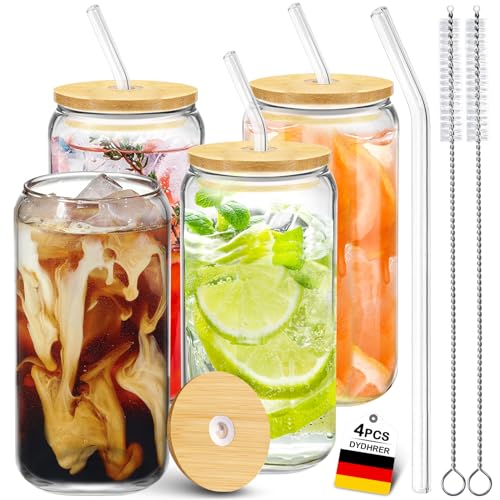 DYDHRER 4er Set Glas mit Deckel und Strohhalm, 500ML Bubble Tea Becher, Glas Dosenform,Trinkgläser mit Deckel und Strohhalm, Wiederverwendbare Glas Dosenform für Kaffee,Smoothie Gläser, Cocktailglas von DYDHRER