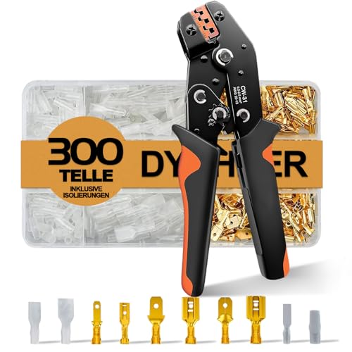 DYDHRER Krimpzange,Crimpzange Flachsteckhülsen Set Crimpwerkzeug kabelschuhe mit 300 stück Spade Flachstecker für 0.5-2.5 mm² Kable,Crimpzangen Tool, Crimp Zange, Flachsteckhülsenzange, Crimpwerkzeug von DYDHRER