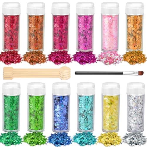 DYESMEE Bastel Glitzerpulver, 12 Farben Holografisches Klobiges Glitzer Set, Chunky Glitzer für Kunsthandwerk Becher Schleim Festival-Dekoration, kosmetischer Glitzer für Nagel Gesicht Körper Augen von DYESMEE