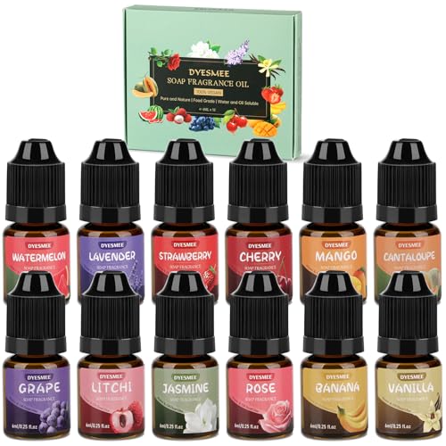 DYESMEE Seifenduftöl, 12 x 6 ml Duftöl zur Seifenherstellung, Seifenaroma in Lebensmittelqualität, Flüssiges Duftöl Set für DIY Badebomben, Schleim, Kerzen, Lotionen, Kosmetika, Raumdüfte von DYESMEE