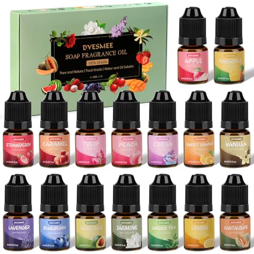 DYESMEE Seifenduftöl, 16 x 6 ml Duftöl zur Seifenherstellung, Seifenaroma in Lebensmittelqualität, Flüssiges Duftöl Set für DIY Badebomben, Schleim, Kerzen, Lotionen, Kosmetika, Raumdüfte von DYESMEE