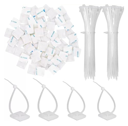 100 Stück selbstsichernde Nylon-Kabelbinder, quadratisch, selbstklebend, Draht-Reißverschluss, fester Sitzhalter, Kabelbinder-Montagebasis - Einfache Montage(White,4x150mm(25x25)) von DYJLPP