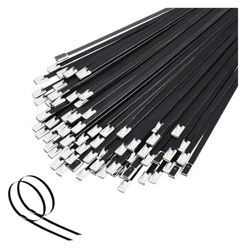 50 Stück Kabelbinderverschluss Edelstahl Metall Schwarz Kabelbinder Beschichtet Selbstsichernd Hochleistungs-Organizer Multifunktions-Wrap(25cm) von DYJLPP