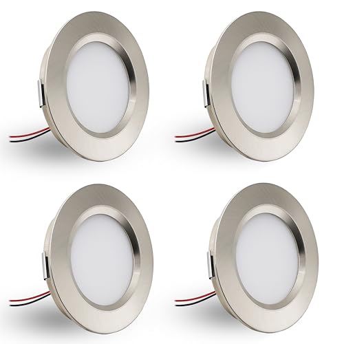DYKUWEY 4er Set LED Einbaustrahler 12V 3W, einbaustrahler LED flach Bohrloch 55-58mm und 14mm Flache,Led Spot 12V IP44 Dimmbar Deckenspot,Möbeleinbauleuchte Einbauspots (Nickel Warmweiß 3000K) von DYKUWEY