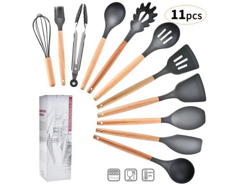 LAPAPRO Kochbesteck-Set 11 pcs Kochbesteck-Set aus Silikon Küchenhelfer und Naturholz (SET), Eco Friendly & BPA Free, Non-Scratch & Non-Stick Easy Grip -Black von LAPAPRO